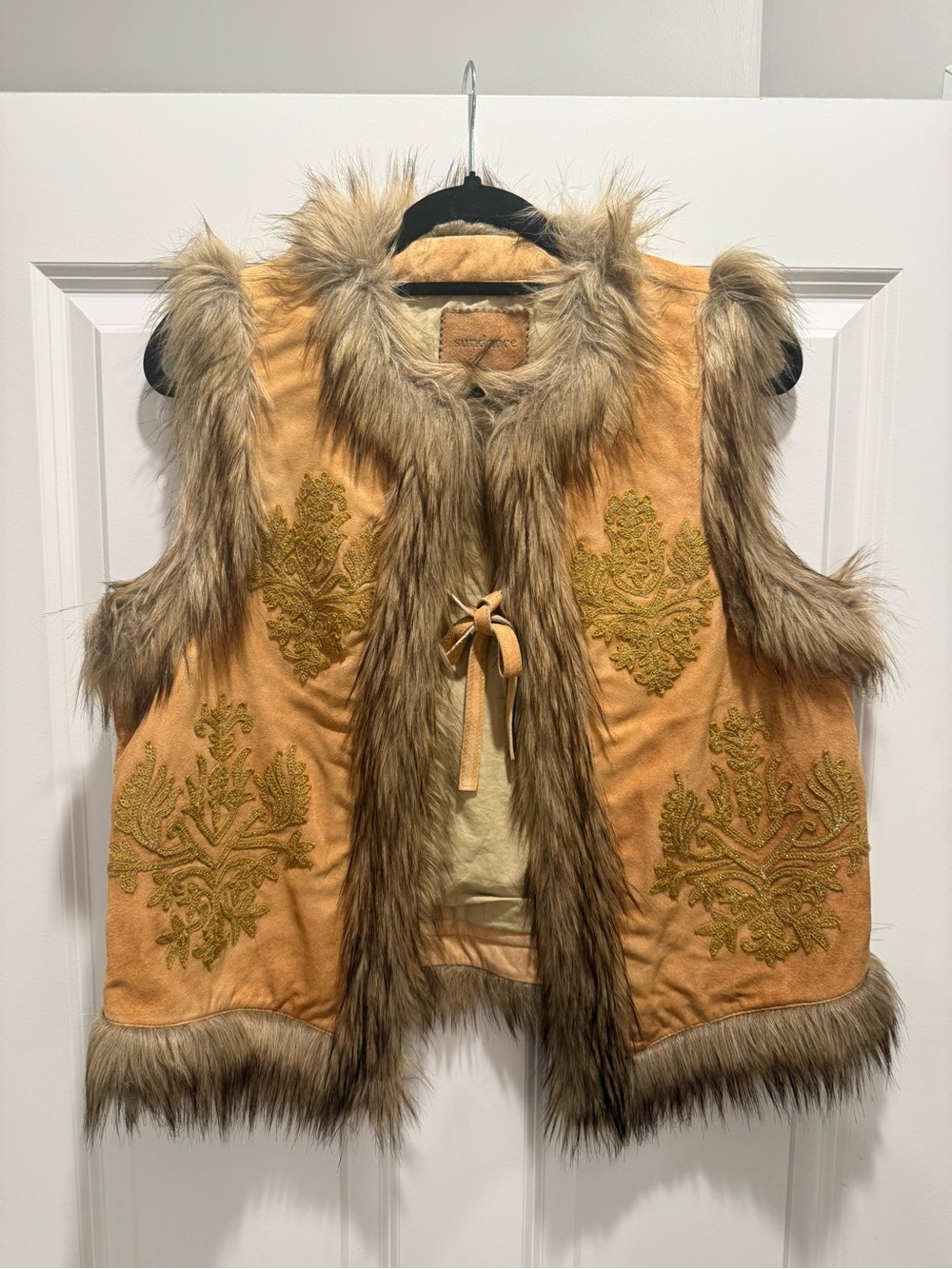 Sundance Tan Faux-Fur Trim Embroidered Vest